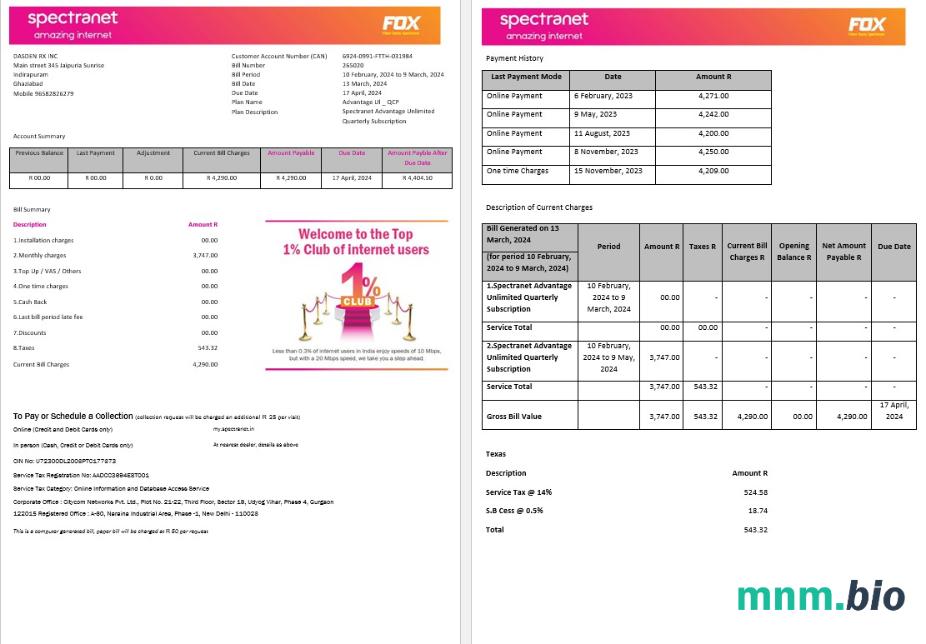 Nigeria Spectranet niesamowity internet Internet Business utility bill Word i PDF formaty 1-2 stron